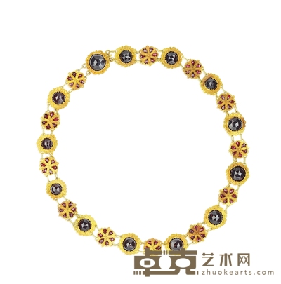 乔治时期 黄金雕刻镶嵌石榴石项链 链长:44cm 宽:1.2cm
重量:约26g