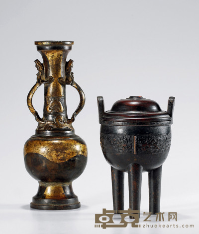 清•三足炉，龙耳鎏金瓶两件 高：16cm、24cm