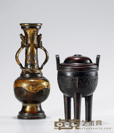 清•三足炉,龙耳鎏金瓶两件 高:16cm、24cm