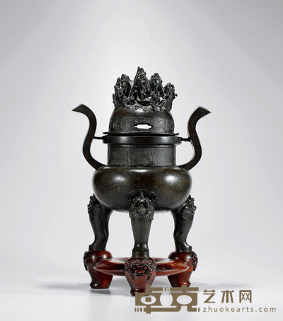 明•铜『走马上任』朝冠耳炉 高:50cm(不含座)