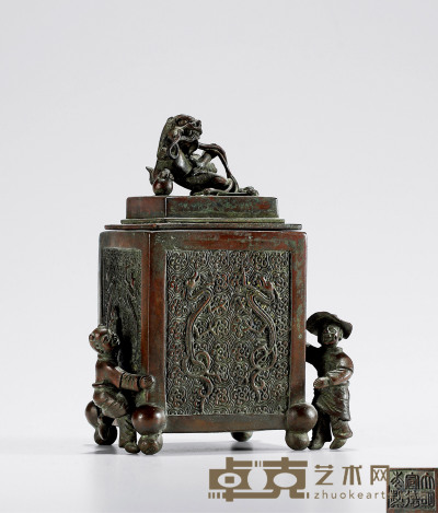 17世纪•铜四方人物熏 高：16cm 重：920克