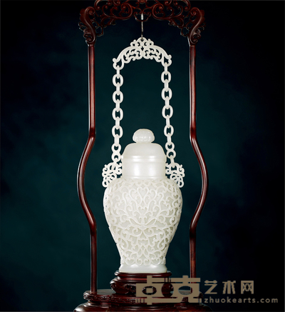 宋鸣放 如意香草纹白玉链瓶 213×118×67mm 含链高342mm 重量：910g 