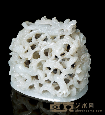 明·白玉雕穿花龙纹炉顶 54×42×61mm