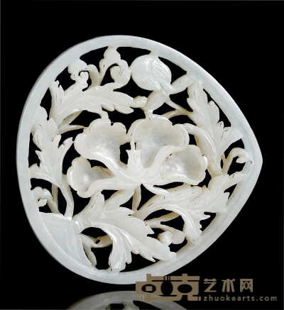 明·白玉雕蜀葵纹桃形带銙 52×51×6mm