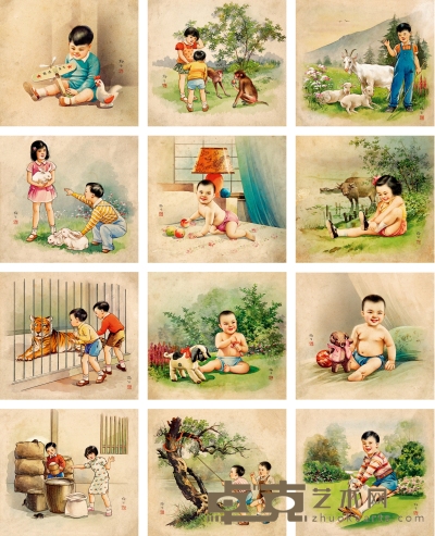 金梅生 《儿童游戏屏》 原稿十二帧 19×21cm×12