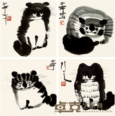 张正宇 “猫”水墨小品四帧 32.5×32.5cm×4