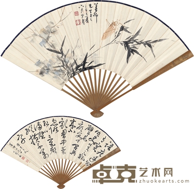 王雪涛 于非闇 竹枝虫趣图·书法 49.5×18cm