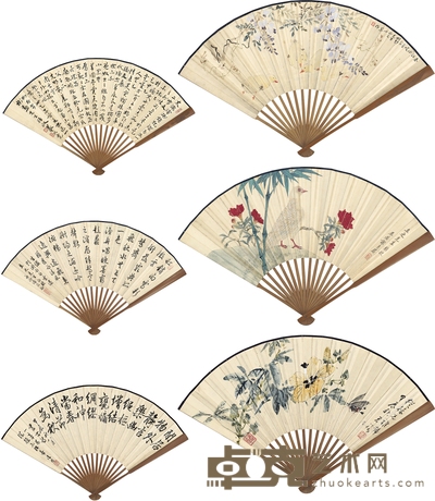 陈小翠 、谢月眉 项养和 、潘君诺 等 花鸟书法扇三把 48×17.5cm×3