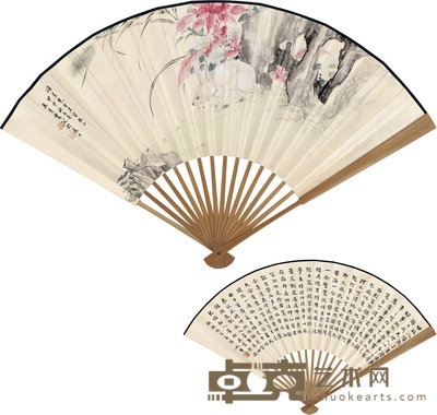 吴青霞 姚 华 为谢颂羔作 秋圃玉兔图·书法 48×18cm