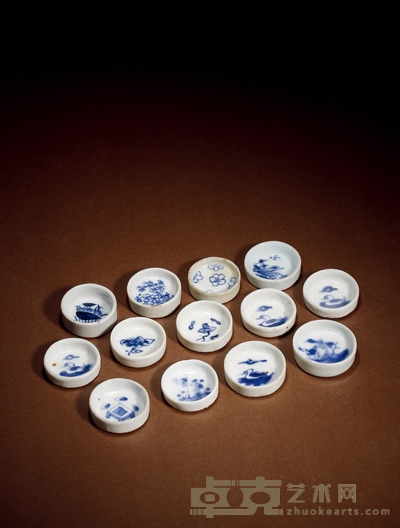 清·青花花卉水禽蟋蟀水盂一组十三件 口径约:3.7cm数量:13