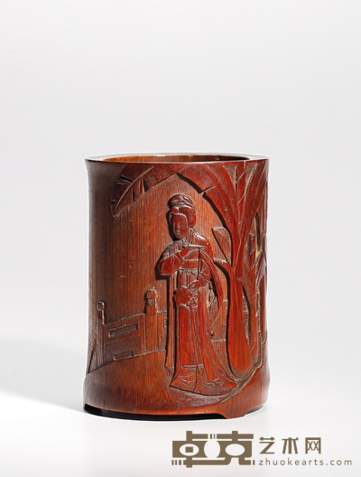 明-清·竹雕蕉叶仕女笔筒 高:15.4cm口径约:11.5cm