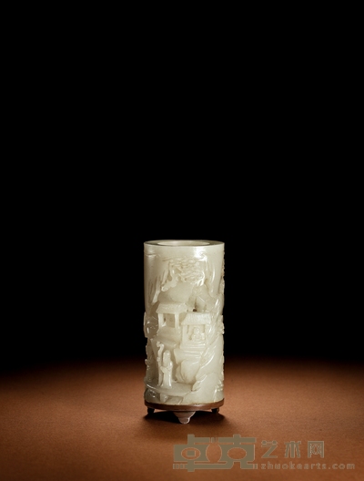 清·白玉镂雕山中高士图小笔筒 通高:9.6cm口径:4.4cm