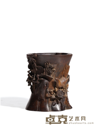 明末·紫檀巧雕喜从天降图笔筒 高:18.2cm长:15.8cm宽:14cm