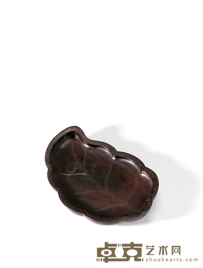 清·弘仁款紫檀嵌银丝云龙纹叶形香盘 高:1.7cm长:16.3cm