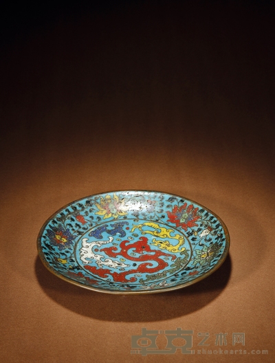 明·铜胎掐丝珐琅龙纹盘 高:3.5cm直径:23cm