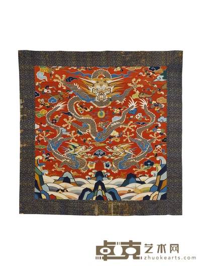 明·缂丝红地福山寿海捻金缂龙纹大挂帐 长:165cm宽:160cm