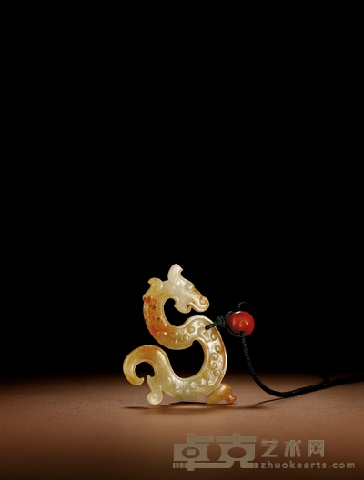 明·白玉红沁龙纹佩 长:6.6cm
