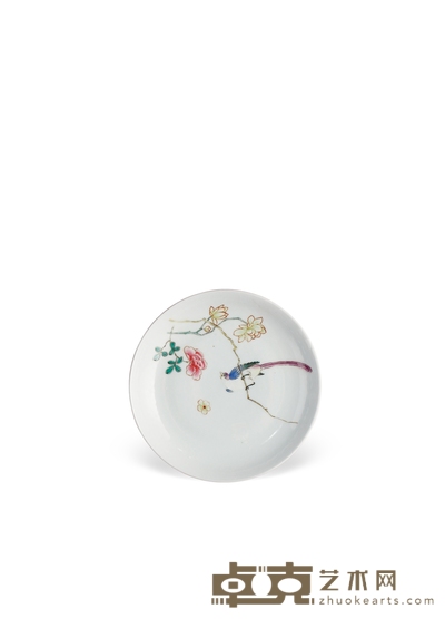 清雍正·外胭脂红内粉彩雀枝纹盘 高:2cm直径:12.8cm