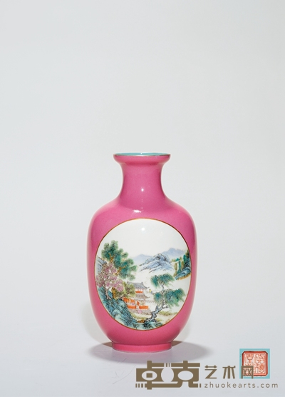 民国·胭脂红地开光粉彩山水图灯笼瓶 高：16cm