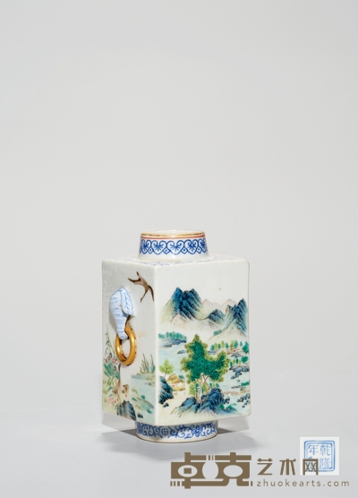 民国·粉彩山水花鸟图四方琮式瓶 高：14.8cm长：9cm宽：9cm