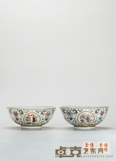 清·粉彩开光岁朝清供图碗（一对） 高：6.5cm直径：15.5cm数量：2