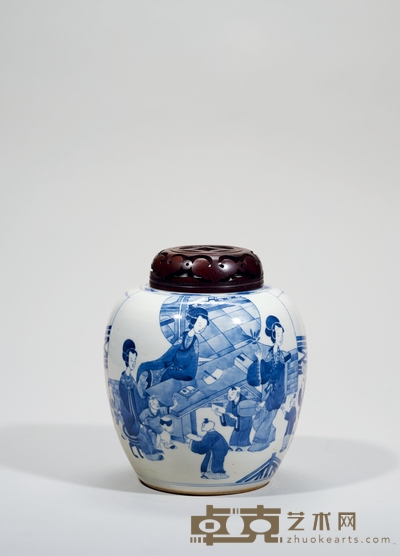 清康熙·青花四妃十六子图莲子罐 高:23cm