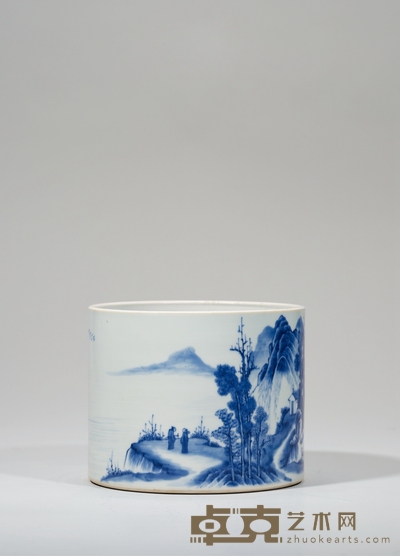 清雍正·青花山水图笔筒 高:15cm直径:19cm