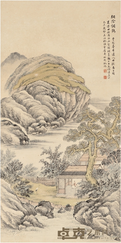 沈 塘 桐荫调鹤图 136.5×68cm  