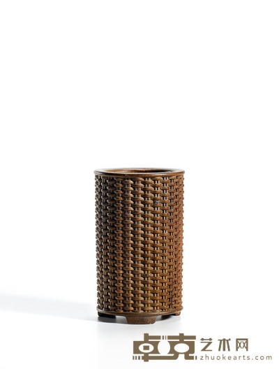 清·楠木仿竹篾小笔筒 高：10cm口径：6cm