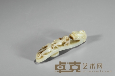 清·双龙纹白玉带勾 长13.3cm