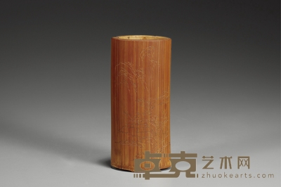 清·华斋制南湖草堂图竹笔筒 5.2×3.6×11.5cm