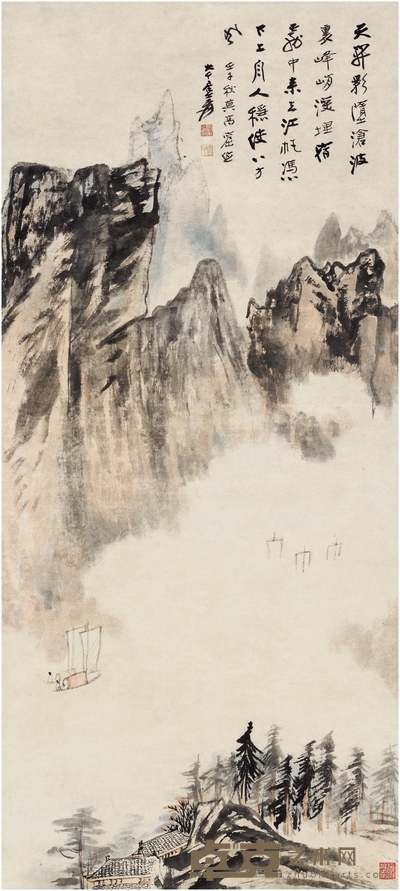 张大千 云峡行舟图 111×49.5cm