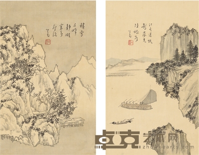 溥 儒 山水二帧 31.5×19.5cm×2