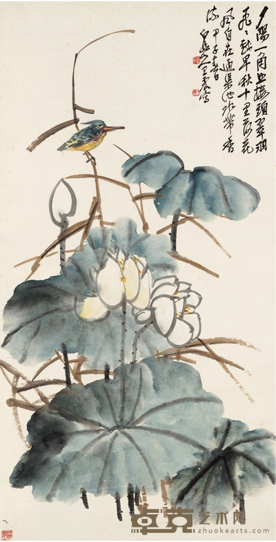 王 震 荷花栖禽图 107×54.5cm
