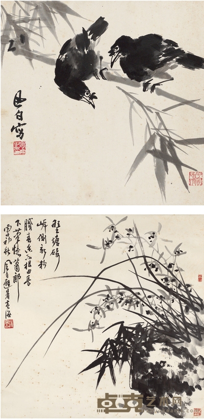 蒋风白 竹枝栖禽图•墨兰图 33×33cm 68.5×68.5cm