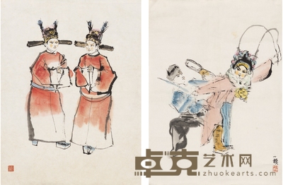 程十髪 戏曲人物二种 46×35cm 69×49cm