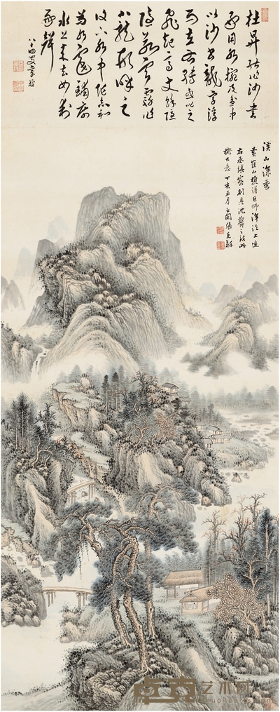 张石园  溪山深秀图 画心：134×64cm 诗堂： 64×29.5cm