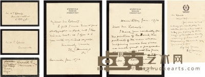 马克·吐温  逝世前亲笔信三通及题跋名片 25×16.5cm×2 24×14.5cm 8×4cm 