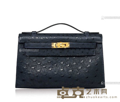 爱马仕 2022 黑色鸵鸟皮KELLY POCHETTE手提包附金色金属配件 长20×高12×直径6cm