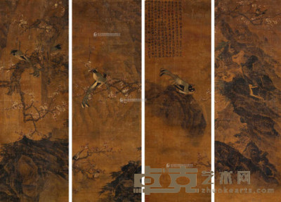 罗文瑞 梁梦龙 1587年作 喜上梅梢 立轴 166×57cm×4