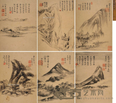 董邦达 张宗苍 李世倬 1744-1747年作 山水册 册页 （六开） 25×18cm×6