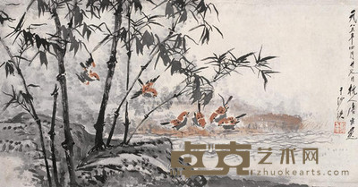 唐云 1985年作 竹林小鸟 镜心 66×126cm