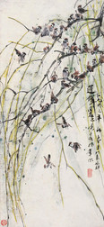黄胄 1966年作 春柳雀鸣 镜心