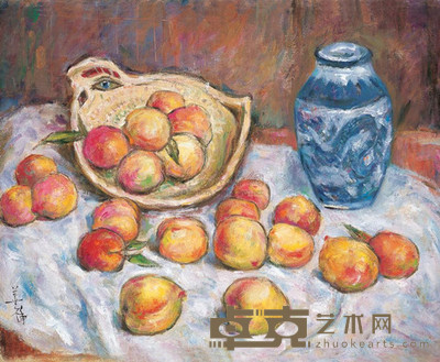 胡善余 1991年作 蓝花瓶与水蜜桃 49.8×60.4cm