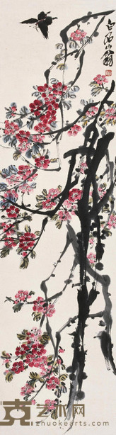 齐白石 桃花蝴蝶 立轴 130×34cm
