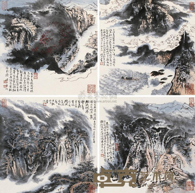 陆俨少 山水四屏 立轴 34×34cm×4