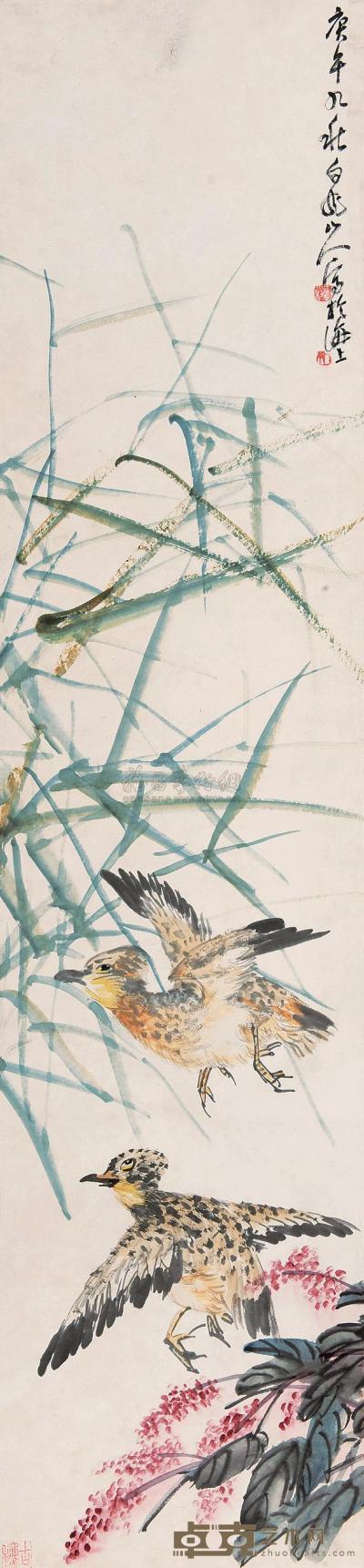 王震 1930年作 鸟趣 立轴 128×29cm