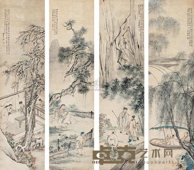 顾让 人物故事 四屏 146×38cm×4