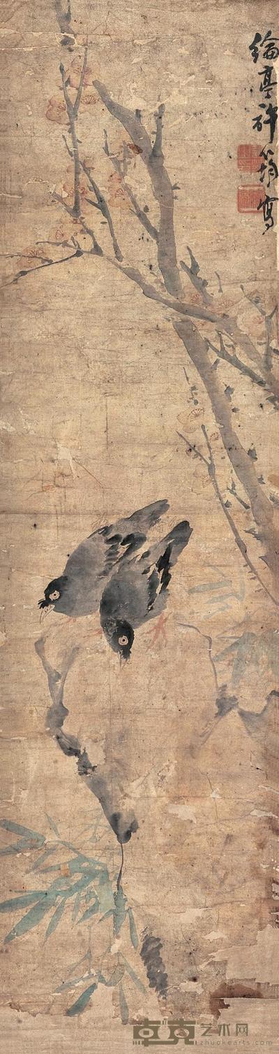 许筠 梅竹双禽 立轴 122×32cm