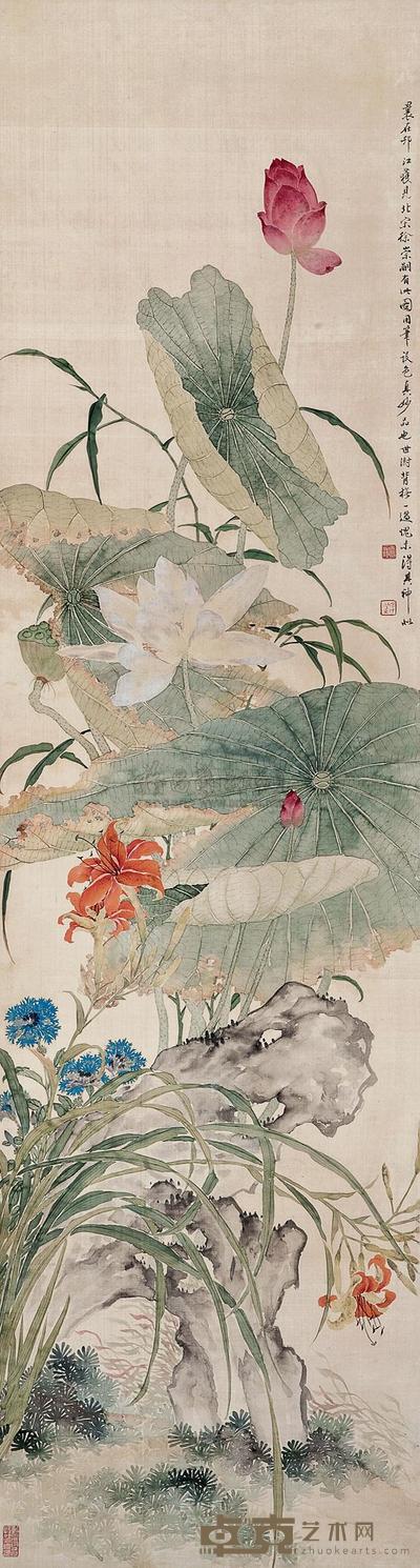 汤世澍 荷花 立轴 155×42cm